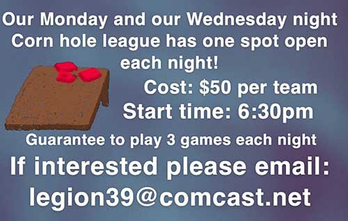 Cornhole League spot open as of June 6.